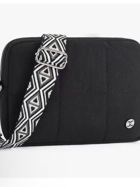 Black Quilted Crossbody Bag with Patterned Strap